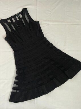 White House Black Market black A-line sleeveless cocktail dress w/ mesh stripes